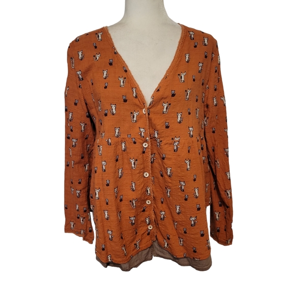 Gracila Tops - Gracila Long Sleeve Layered Blouse Cat Print Burnt Orange Tan. Cotton La…